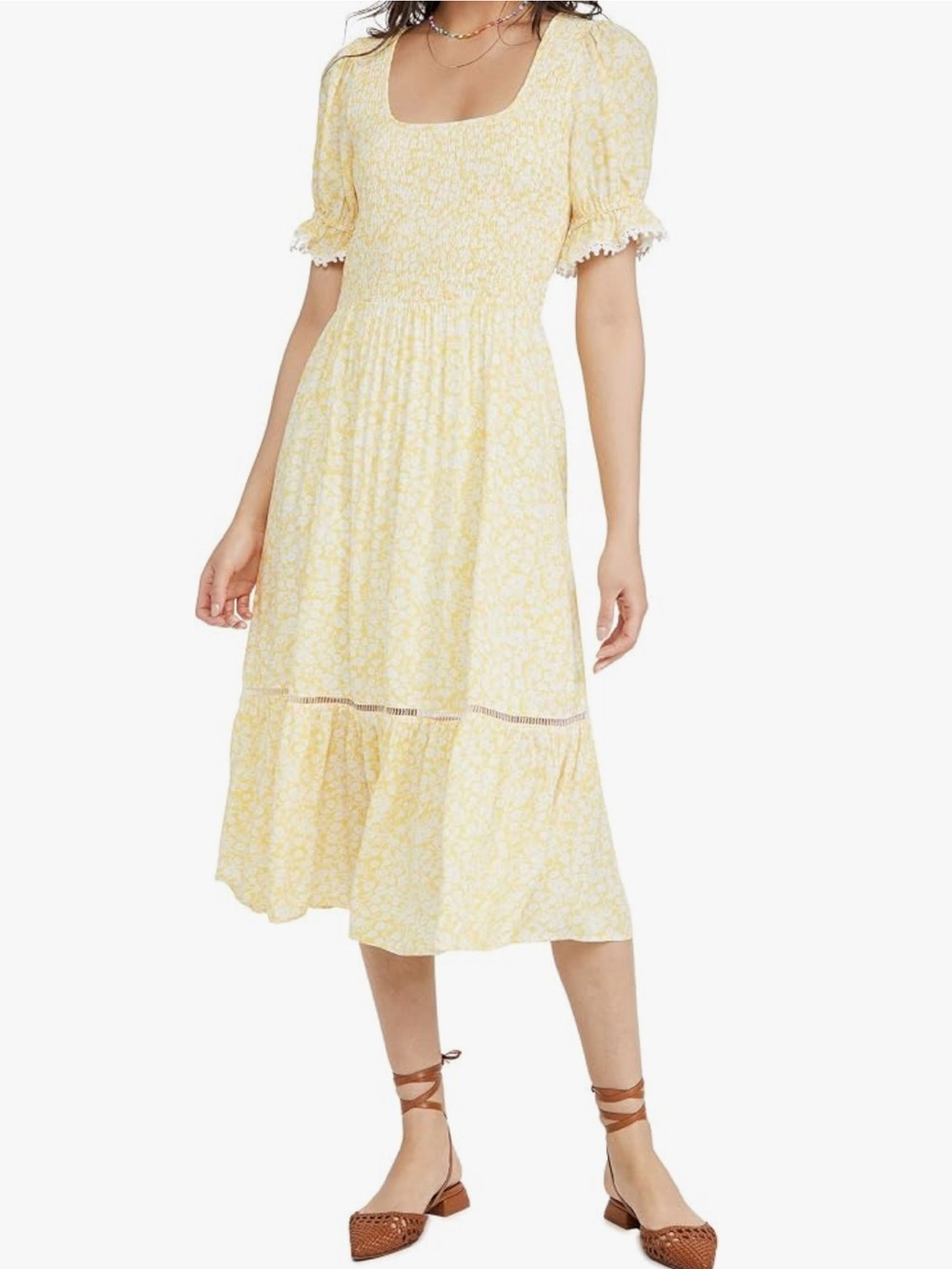 Lost + Wander Yellow Floral Smocked Midi Dress